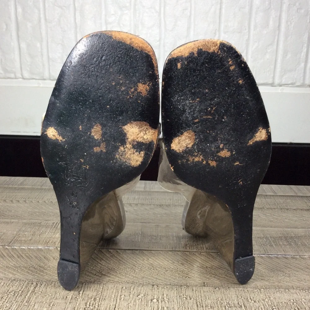 vintage Yves Saint Laurent silver and clear lucite mules with mirror finish